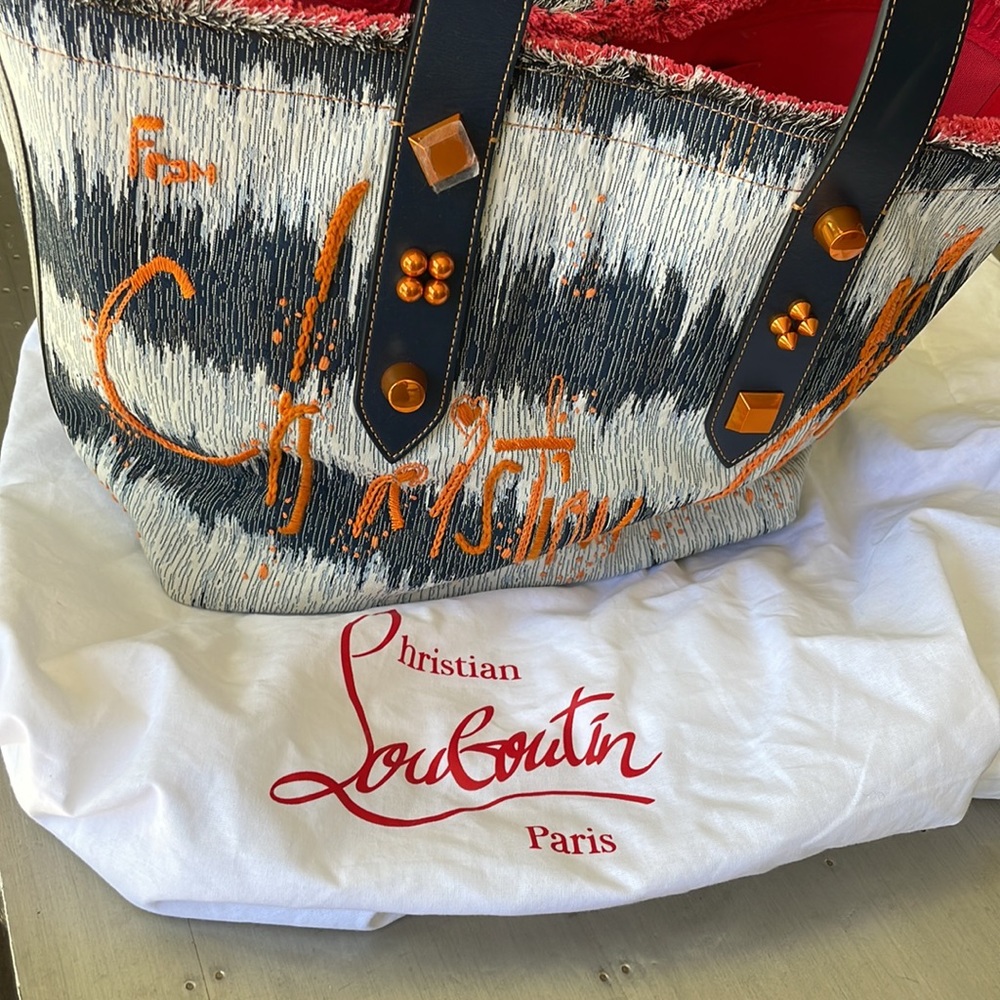 Christian louboutin frangibus tote large denim orange kansai beach bag shopper - Picture 13 of 15